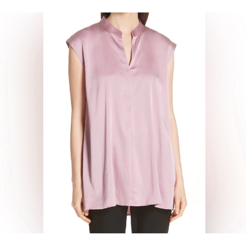 Eileen Fisher Stretch Silk Charmeuse Mandarin Collar Top L Rose Quartz $238 NEW